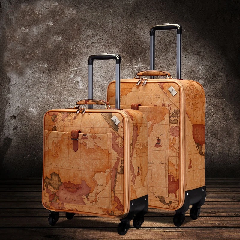 Retro map 16/18/20/22/24 size 100% PU Rolling Luggage Spinner brand Travel Suitcase with padlock women trolley luggage