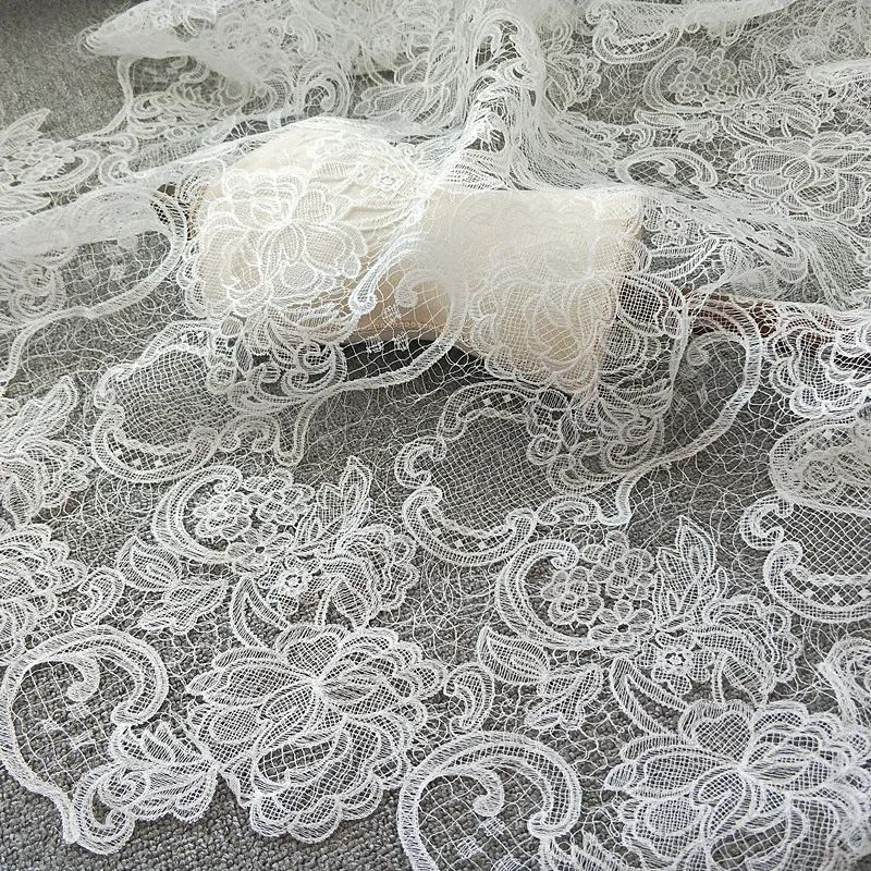 1 Yard Exquisite Alencon Lace Fabric with Circles in Warm White Red Black Floral Emrboidery Fabric for Wedding Gown, Lace Caps