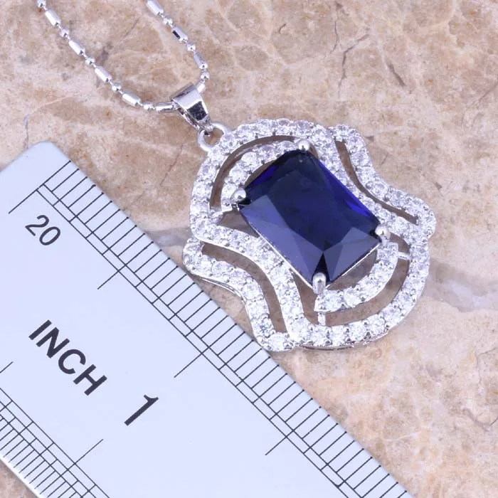 Splendid Blue Cubic Zirconia White CZ Silver Plated Earrings Pendant Necklace Jewelry Sets S0767