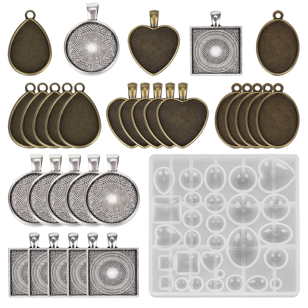 5 Styles 30 Pcs DIY Pendant Trays Oval Heart and 1 Pcs Resin Casting Molds Jewelry Making Silicone Moldel Tray Pendants set