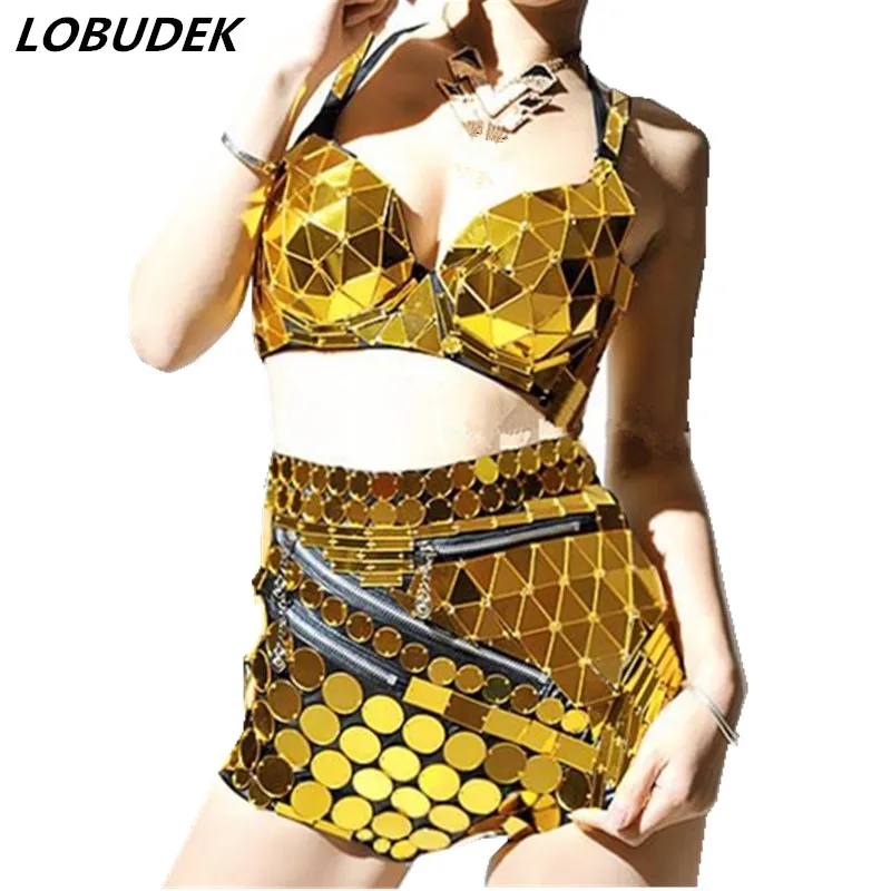 

Bar Stage Performance Women Modern Jazz Dance Team Costume Gold Mirror Bra High Waist Zipper Shorts 2 Piece Set Singer Clothes