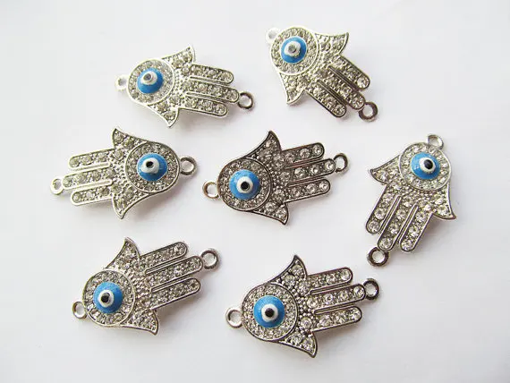 3pcs Silver tone Sideway The hand of Fatima Hamsa Connector Pendant Charm/Finding,31pcs White Rhinestone & 1pcs Blue Evil Eye