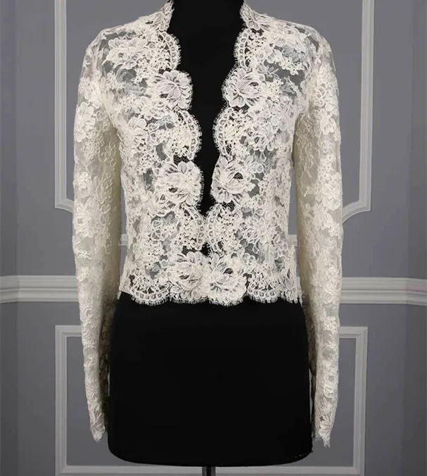 Real Image Vintage Wedding Jacket Long Sleeve Deep V Neck Lace Applique Bolero Wraps White Ivory Custom Size Accessories Jackets