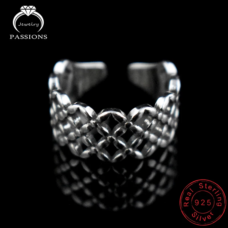 Anillo de plata esterlina 925 para mujer, sortija de red con rombos huecos, estilo étnico antiguo, ajustable, moda urbana, venta al por mayor