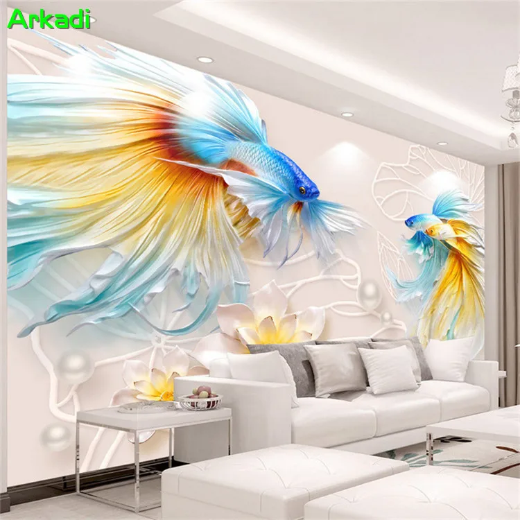 

3D three-dimensional relief goldfish TV background wallpaper living room sofa video wallpaper 5D lotus jewelry mural