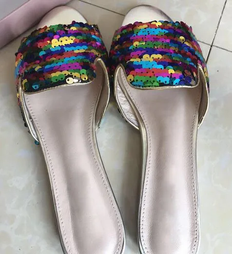 Girl's Rainbow Color Bling Sequins Flat Slipper Women Peep toe Slingbacks Colorful Glitter Sandals Female Flatties Street Slide