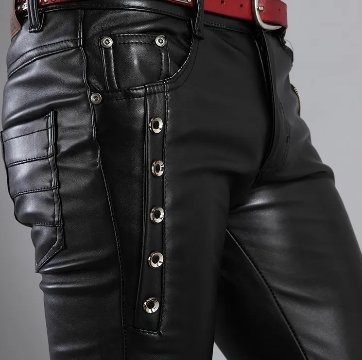 Hot ! Winter Men's Fashion Clothing Thickening Fleece Lining Leather Pants Tidal Current Black Tight Fitting Leather Trousers