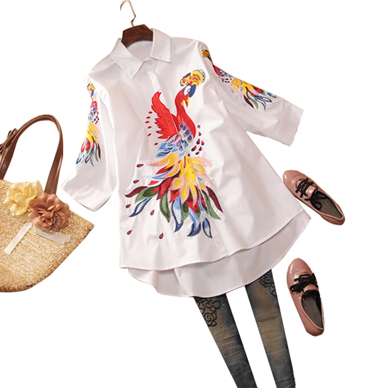 2024 Women New Spring Peacock Embroidery Fashion Shirt Female Vintage National Loose Casual Plus Size Long Shirt Blouse M- 3XL