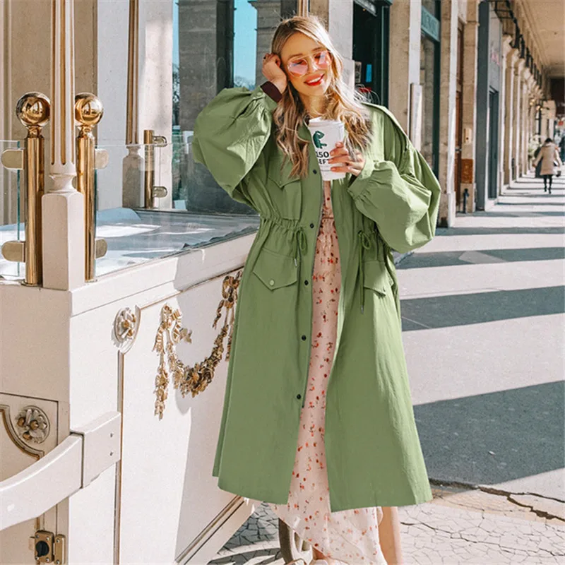 

Women Long Trench Coat Spring 2019 Lace Up Waist Lantern Sleeve Pocket Coat Women Solid Windbreaker Coats Female Plus Size