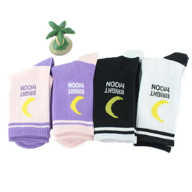 Bright Korean Moon Cotton Socks Harajuku English Letter Sock Woman Socks Fun Hip Hop Skateboard Crew Sokken