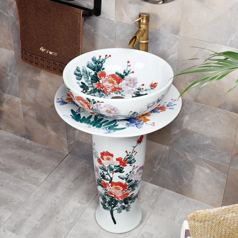 Pedestal Basin Jingdezhen Art Hand Painted Ceramic Washbasin Toilet Vertical Pedestal wash Basin