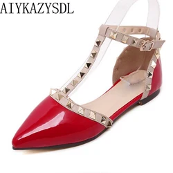 AIYKAZYSDL Women Flat Heels Cut Out Sandals Rivets Ankle T-tied strap Oxford Studded Moccasins Ballerinas Casual Shoes Red Black