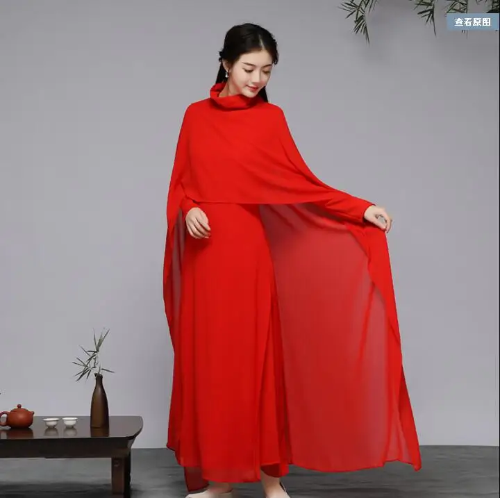 Woman Cheongsam Dress Red Long  Autumn Chinese Cloak Vintage Chipao Chiffon Oriental Stage