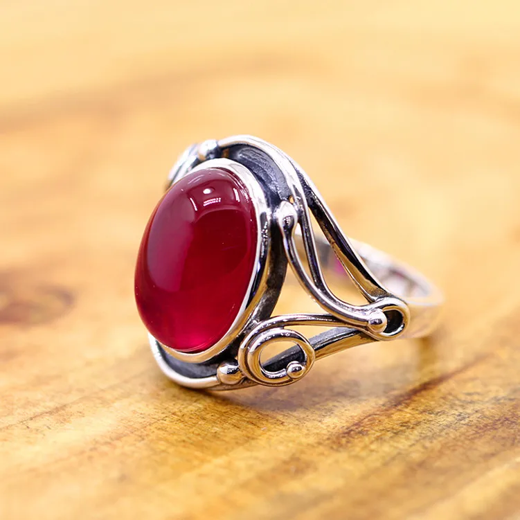 

925 silver jewelry handmade lady Thailand folk style red corundum Ring NEW