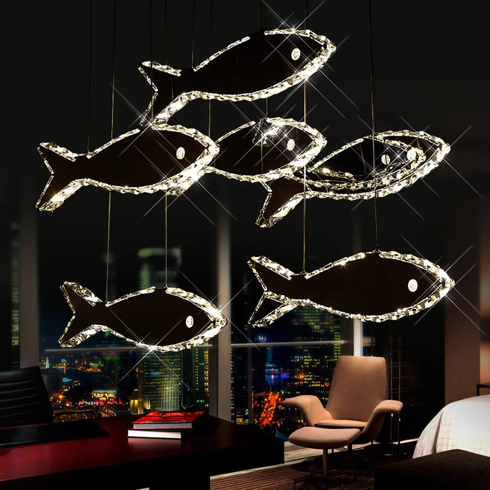 LED Fish Dining Room Pendant Lights Modern Crystal Stainless Steel Restaurant Creative High Power LED pendant Fixtures