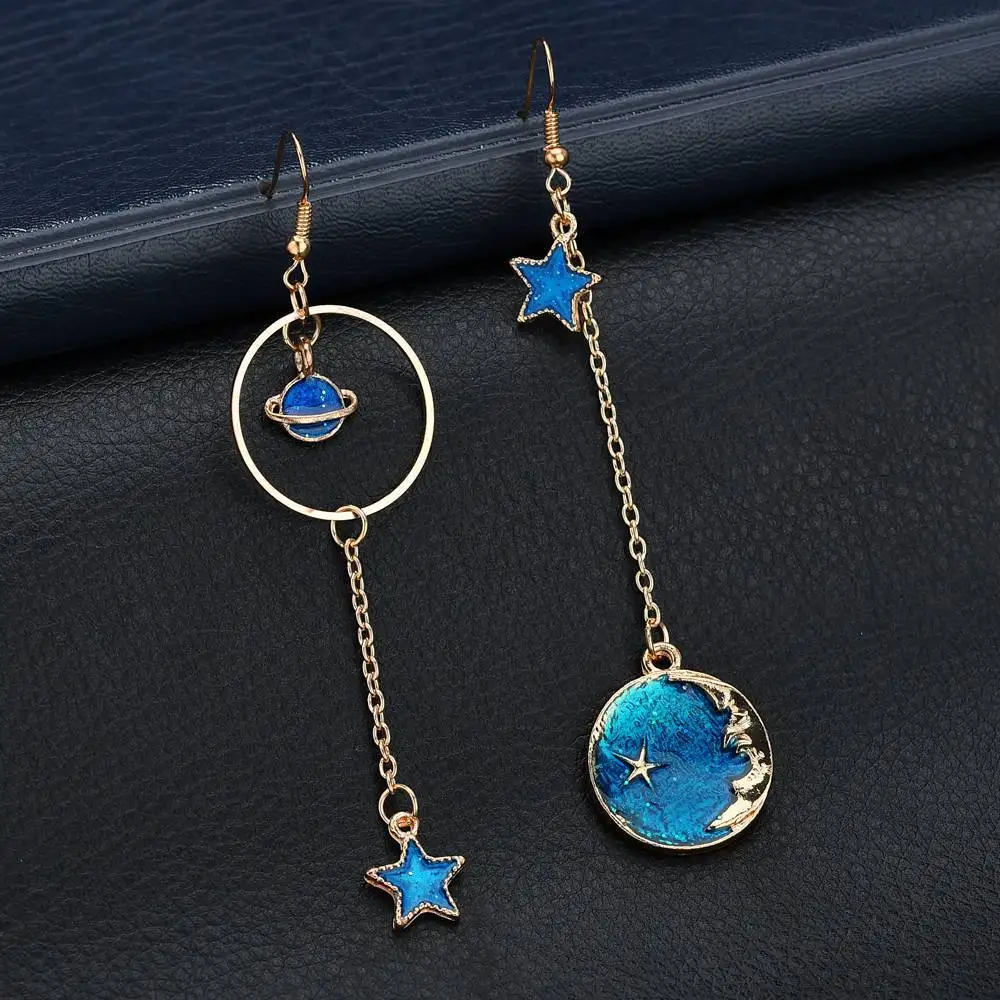 New Style Blue Star Moon universe alloy Asymmetric earrings For Women creative irregular Round Planet Drop Earrings