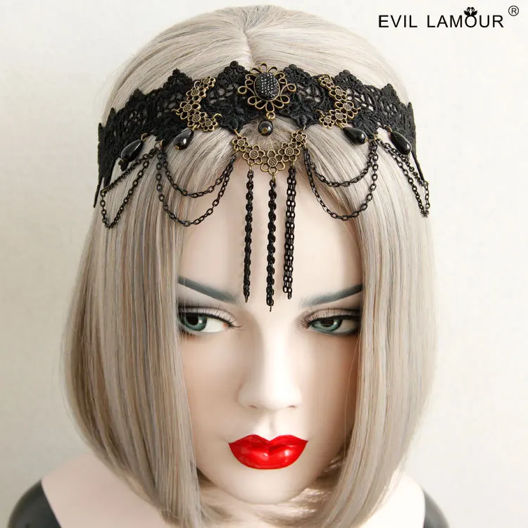 

Princess Gothic lolita Hairbands Rocaille restoring ancient ways is royal black lace with creative jewelry FD - 32