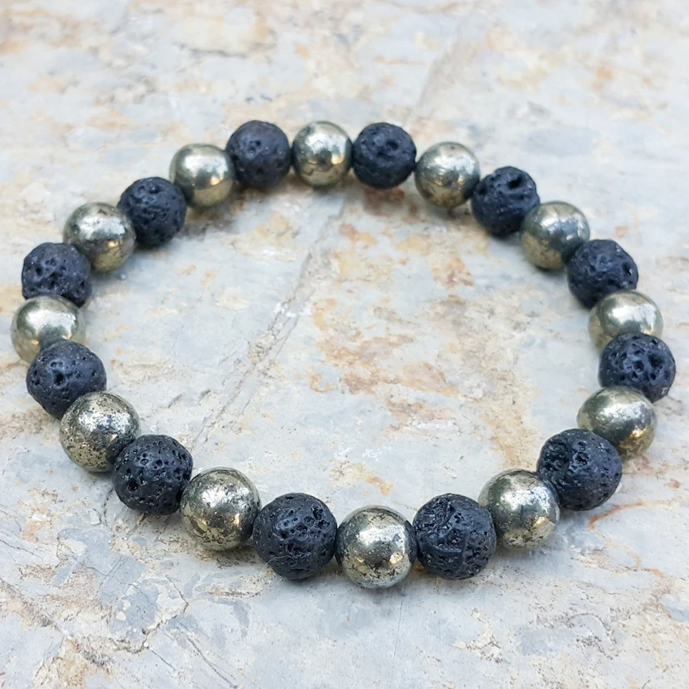 MG0369 New Design Men`Energy Bracelet Natural Pyrite Lava Stone Beaded Bracelet Powerful Encourages Clarity Jewelry