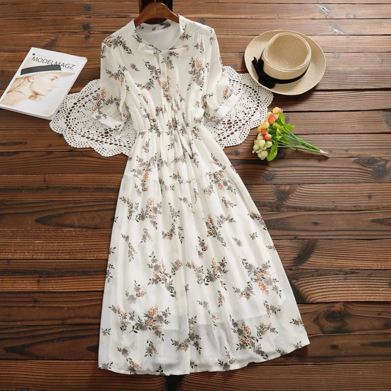 Summer fashion short sleeve dress women floral print chiffon dress