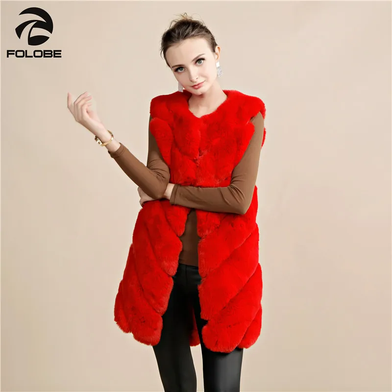 Folobe inverno colete casaco para mulher natural real do falso casacos de pele vermelho sem mangas longo jaqueta gilet fourrure manteau mulher roupas