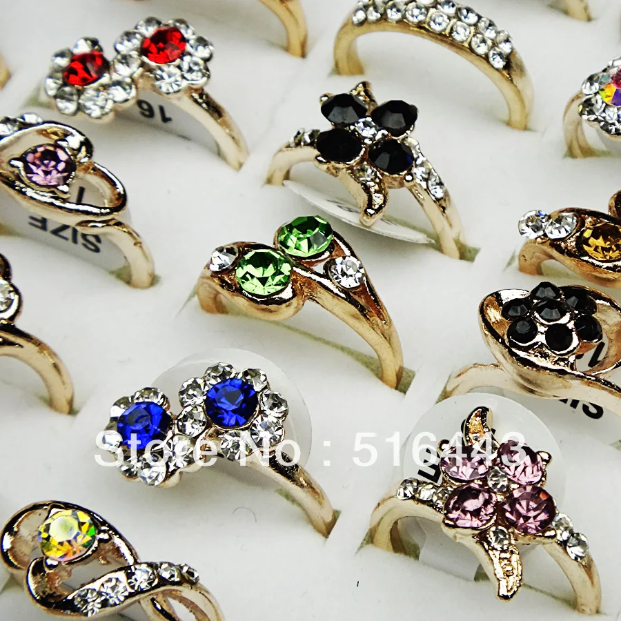 

Charms New 30pcs Crystal Czech Rhinestones Fashion Women Girls Gold Plated Rings Wholesale Jewelry Lots A-029