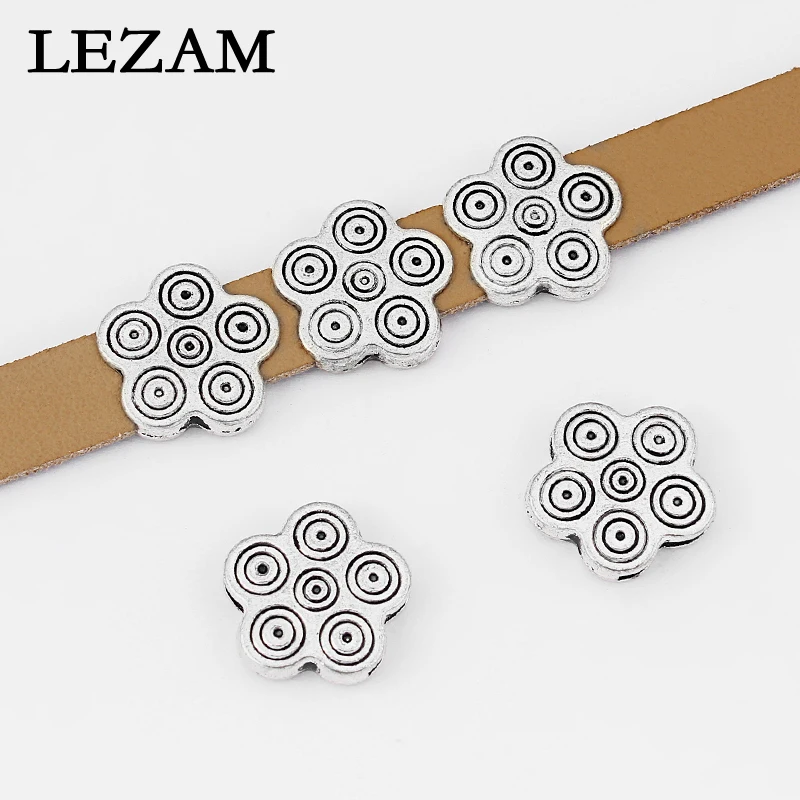 5Pcs Tibetan Silver Flower Circle Bead Slider Spacer Charms 10x2mm For Diy Flat Leather Cord Bracelet Necklace Jewelry Making