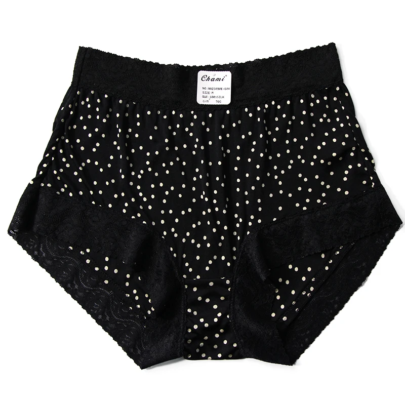 Women Bodyshort 100% Natural Silk Panties for Women Mid-Rise Waist Dots Printed Lace Underwear lingerie culotte NEW Pink black