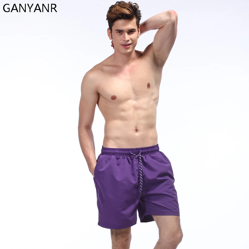 GANYANR Brand Mens Swimming Shorts Boardshorts Bermuda Boxer Surf Wear Quick Dry Short Pants Solid Swimwear Beach Bathing Suits