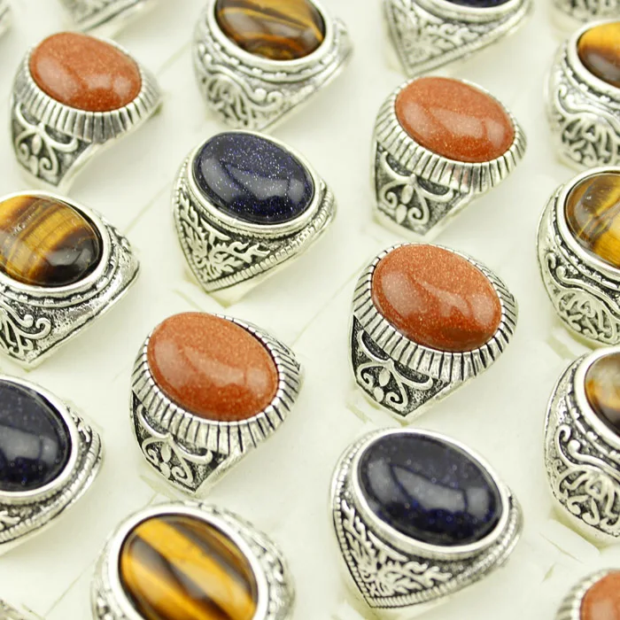 Good Quality Silver Plated Oval Vintage Stone Rings Mix Color Mix Size fashion Jewelry 12 pieces/lot