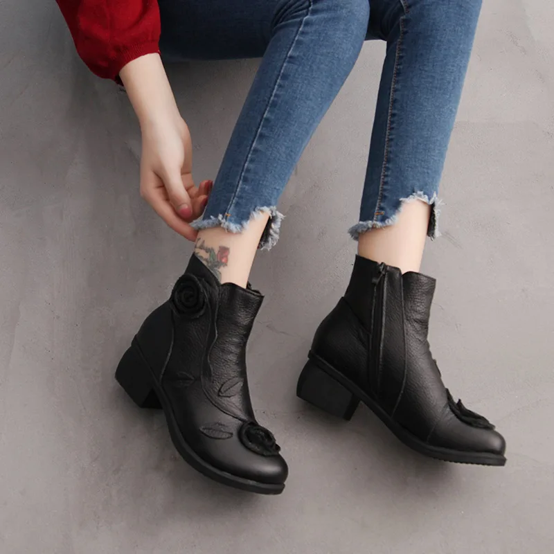 WOIZGIC Mother Women Ladies Female Shoes Boots Cow Genuine Leather Floral Zipper Spring Autumn Ankle National 35-42 XR-0048