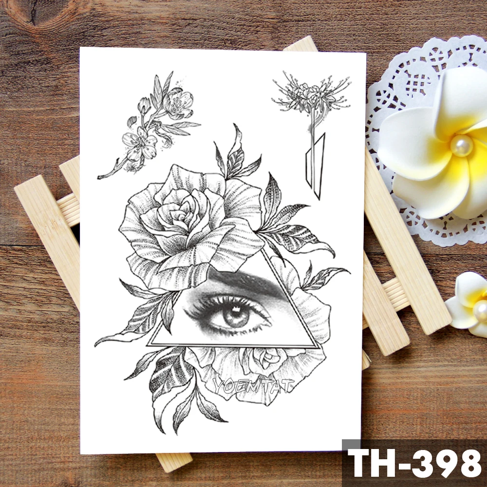 Geometric Flower Rose Eye Leaves Waterproof Temporary Tattoo Sticker Diamond Peony Black Tattoos Body Art Arm Fake Tatoo