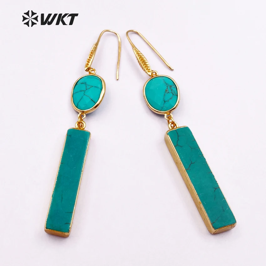 WT-E423 Wholesale classic style long bar earrings series high quality natural stone women earrings unique design leaf ear hook