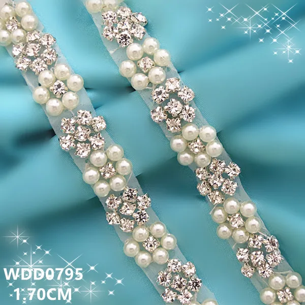 

(10 yards )Bridal hand beaded pearl bead rhinestone applique trim iron on for wedding dresses belt WDD0795