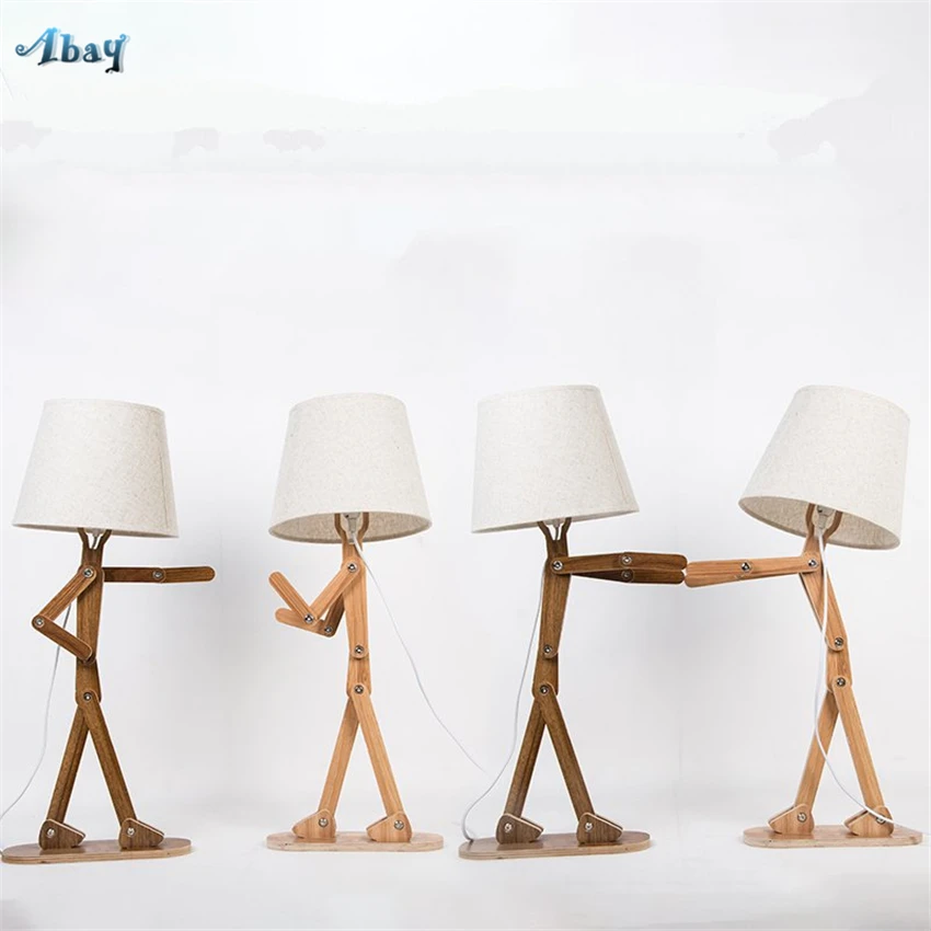 Nordic Robot Wooden Table Lamps Bedroom Bedside Living Night Lights DIY Assembly Children's Study Fabric Desk Lamps Fixtures