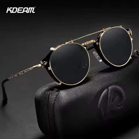 KDEAM Retro Steampunk Round Clip On Sunglasses Men Women Double Layer Removable Lens Baroque Carved Legs Glasses UV400 With Box