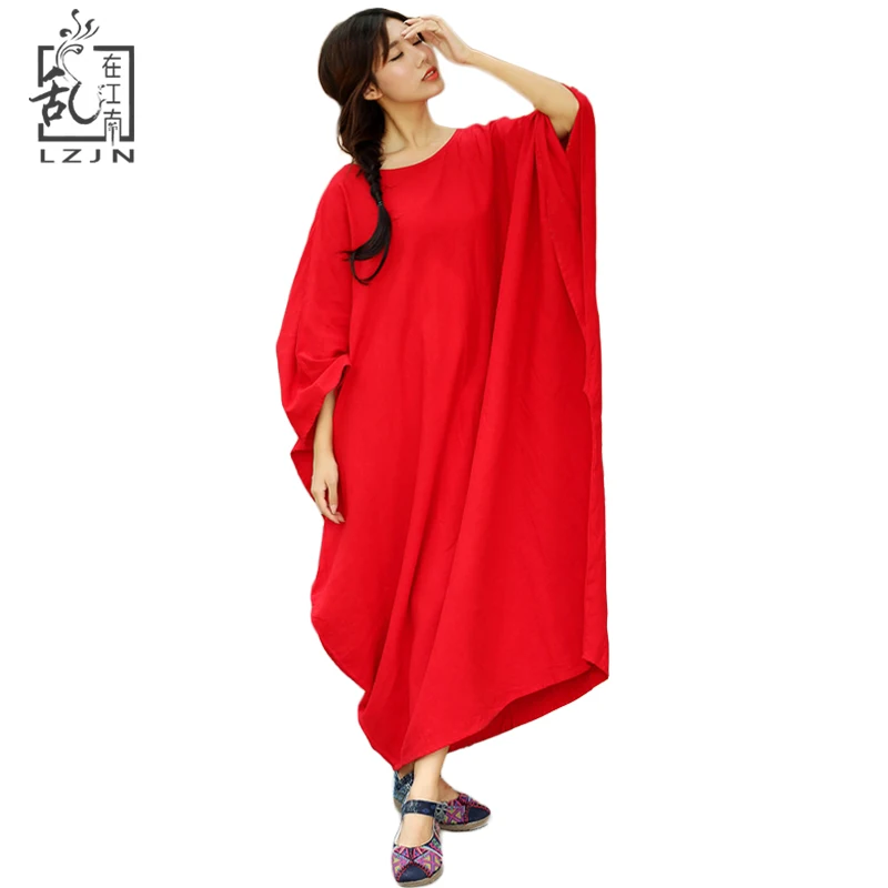 LZJN Plus Size Linen Women Dress Round Neck Loose Robe 3 Colors Long Gown Comfortable Kaftan Batwing Sleeve Maxi Dresses MF-59