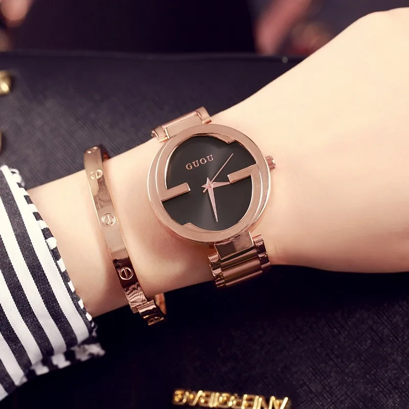 Fashion Guou Brand Unique Women Luxury Rose Gold Steel Quartz Casual Wrist Watch Relogio Feminino Lady Ladies Dress Hours Clock