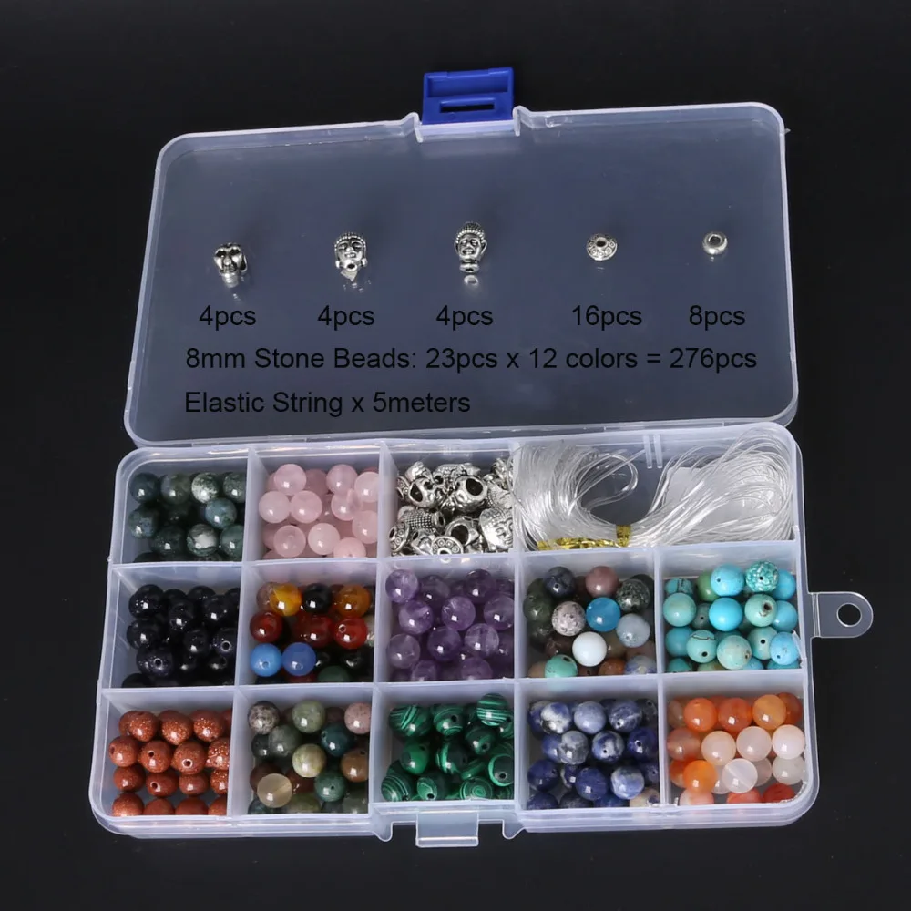 

Natural Stone Round DIY Beads Kit for Bracelet Making ,Including Buddha& Skull beads & Elastic String & Beadings Box