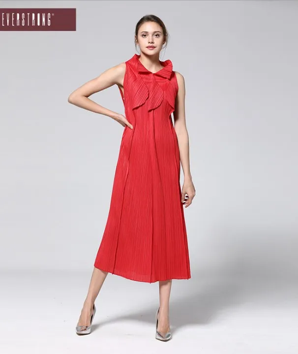 

HOT SELLING Miyake fold sleeveless fashion upon turn-down collar solid A-Line long dress IN STOCK