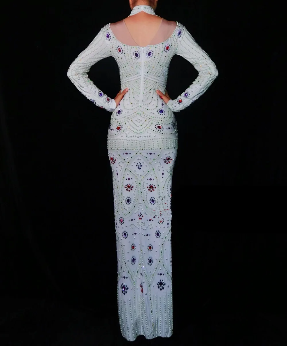 キラキラパールラインストーンスリットロングドレス女性のセクシーなステージ祝うウエディングドレスパーティー誕生日ドレスパフォーマンス写真撮影着用