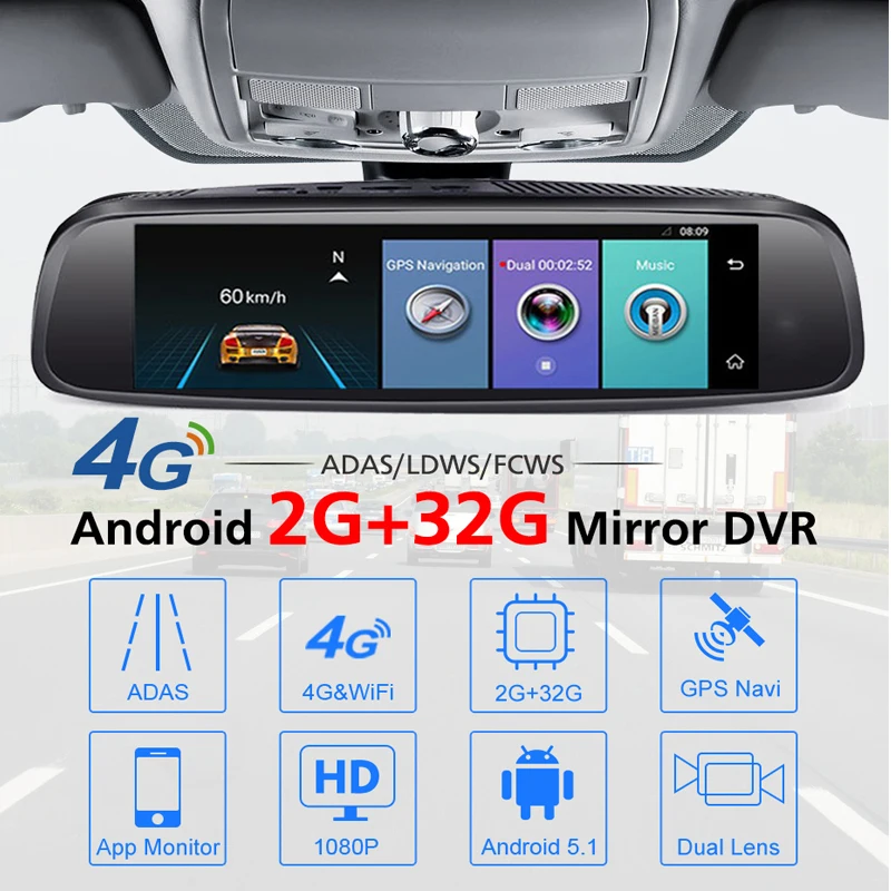 ANSTAR 8'' 2GB+32GB Rearview Mirror Car DVR 4G Android Dash Cam 3 lens HD 1080P Night Vision Registrar GPS ADAS Auto Camera