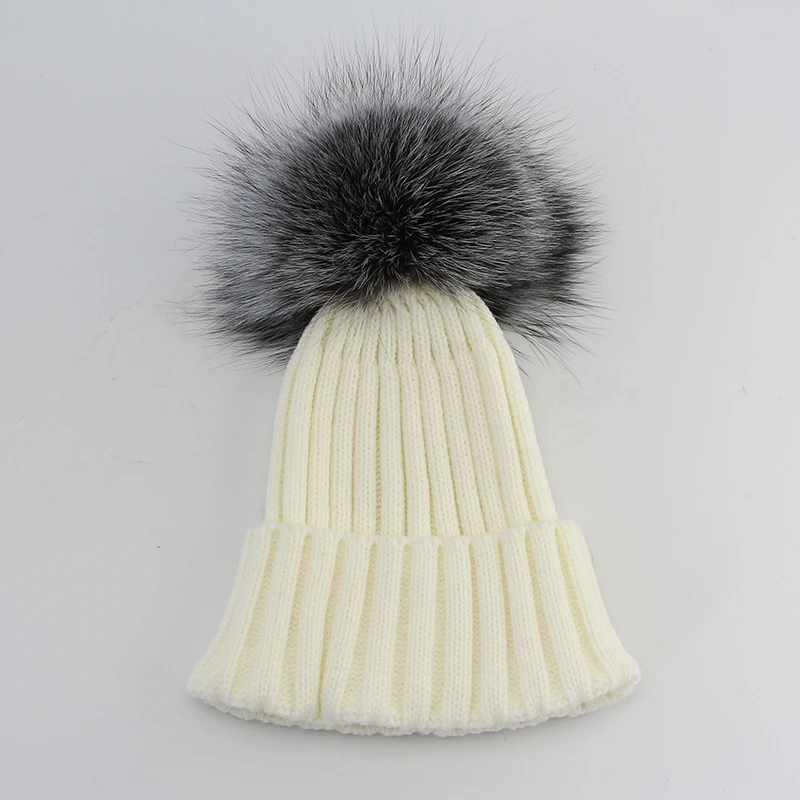 2017 Black Acrylic Winter Beanie Hat Women Real Silver Fox Fur Ball Hats Winter With Real Raccoon Fur Knitted Beanie Pom Pom Hat image 5