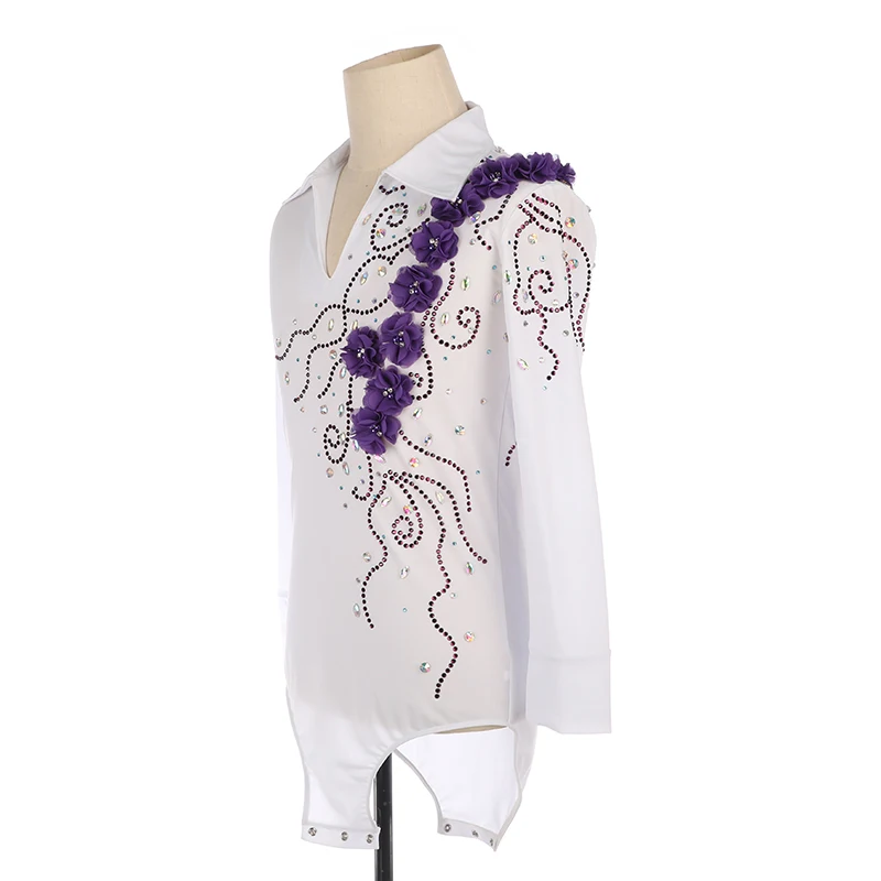 Custom White Long Sleeve Flower Rhythmic Gymnastics Costume Dance Costume Purple Flower Tights