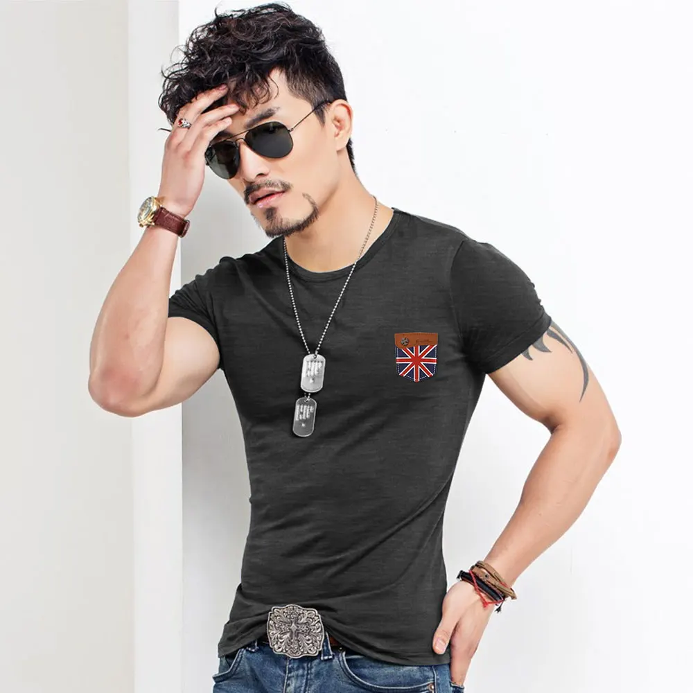 Fitness False Pocket T Shirt Men Designer Clothes Cross Flag Leather TShirts Male Military Casual T-Shirts O Neck Slim Fit Tops