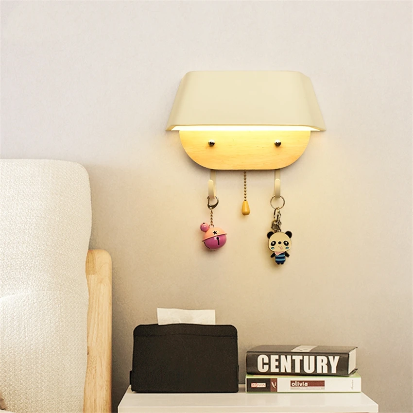 Nordic Bedroom Bedside Wall Lamps Wood Living Room Hanging Hooks Wall Lights Modern with Pull-up Switch LED Room Deco Fixtures