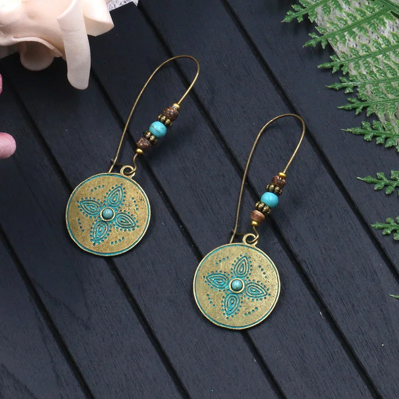 Pendientes de aro con cuentas de flores Vintage con colgantes para mujer, tótem étnico bohemio, colgante redondo, pendientes de aro