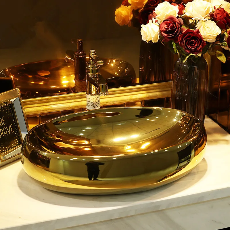 

Golden oval Jingdezhen ceramic art countertop wash basin bowl for bathroom lavabo sink Bathroom sink handmade sink ceramic