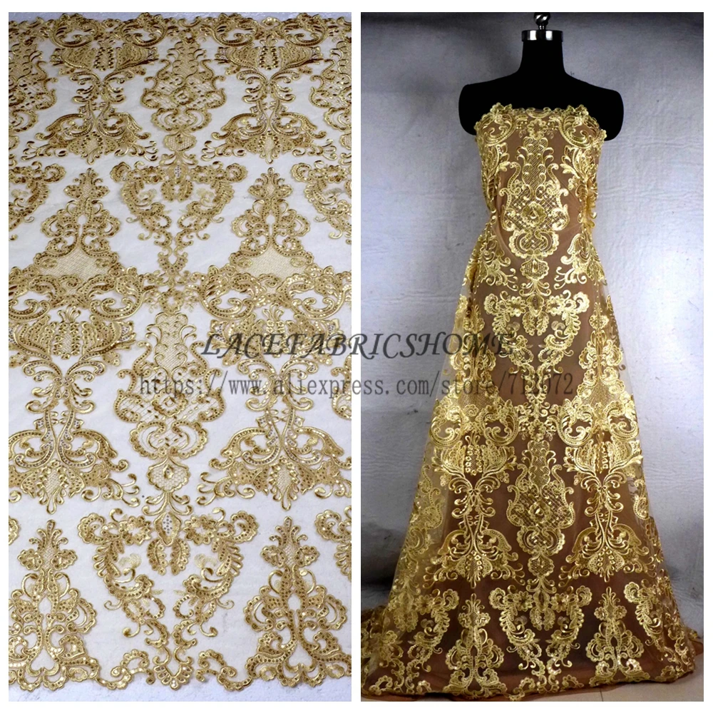 La Belleza 1 yard Gold cord sequins brand evening/wedding dress lace fabric  wine/black/off white/deep blue cord brides lace