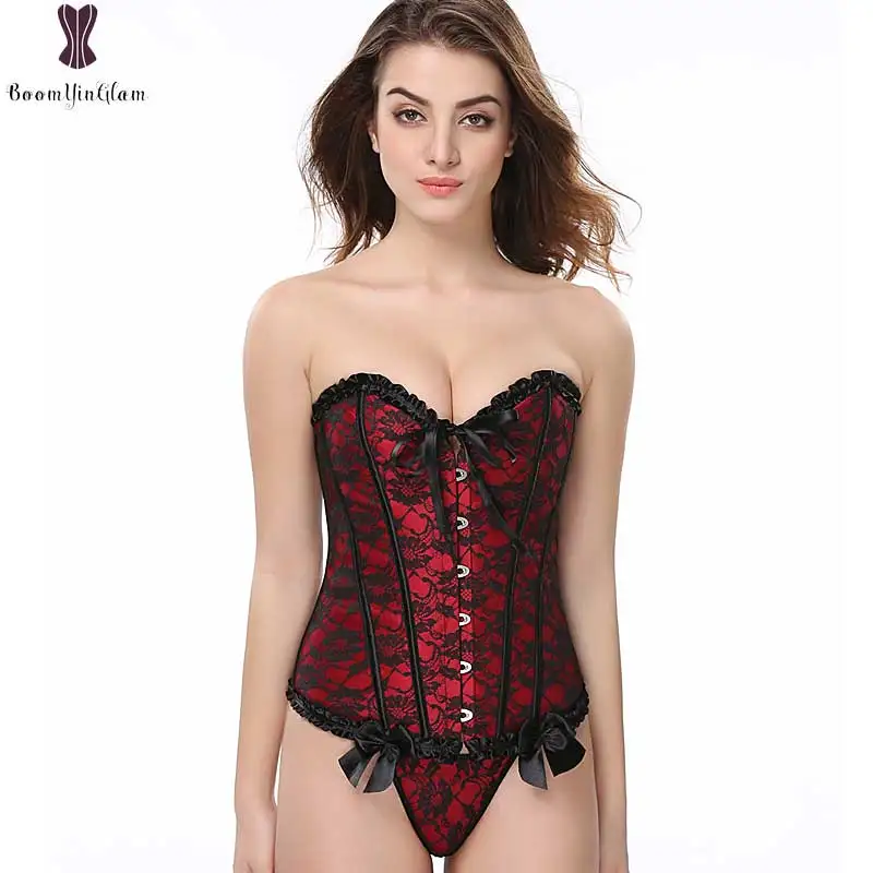 Lace Up Red Corset With Bow Overbust Plus Size Sexy Women Outwear Corselet Pink Blue Apricot Corsets Elastic Boned S-6XL Bustier