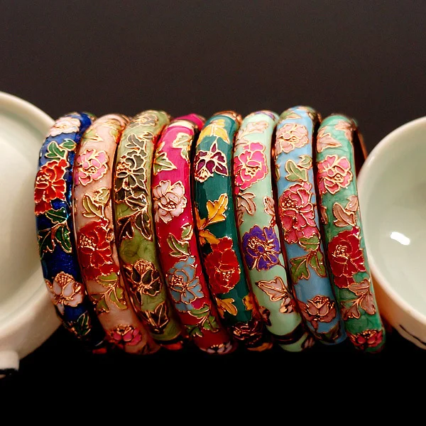 Peony Flower Vintage Chinese Filigree Bracelets Traditional Cloisonne Enamel Ethnic Spring Hinged Cuff Bangles For Women